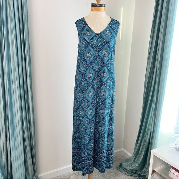 Joan Rivers Blue Sleeveless Alhambra Print V Neck Maxi Dress Sz SP (552) - Picture 1 of 6